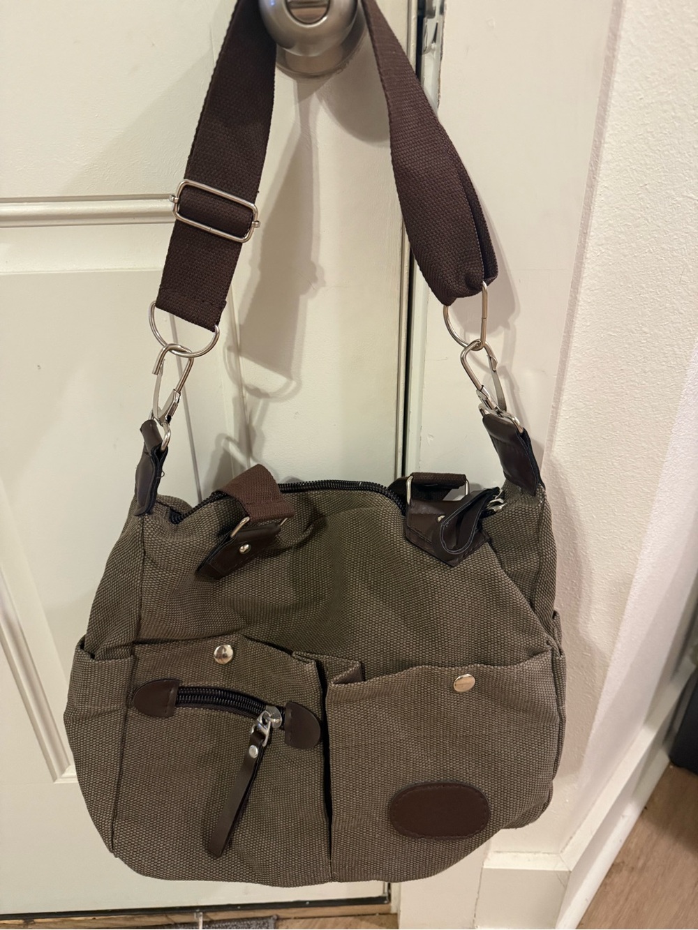 Olive Green Canvas Messenger Bag with Brown Accents